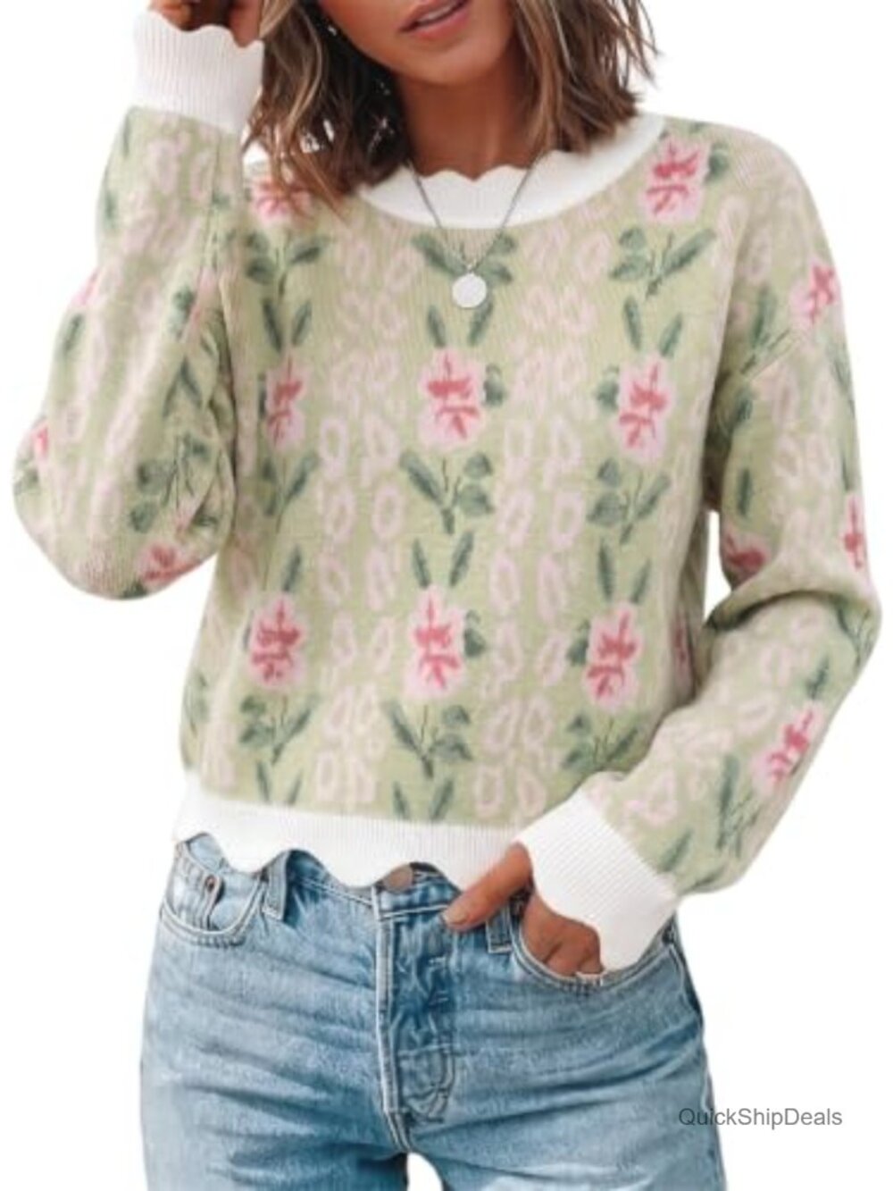 Womens Floral Print Long Sleeve Sweater Pullover Scalloped Trim Loose Fit